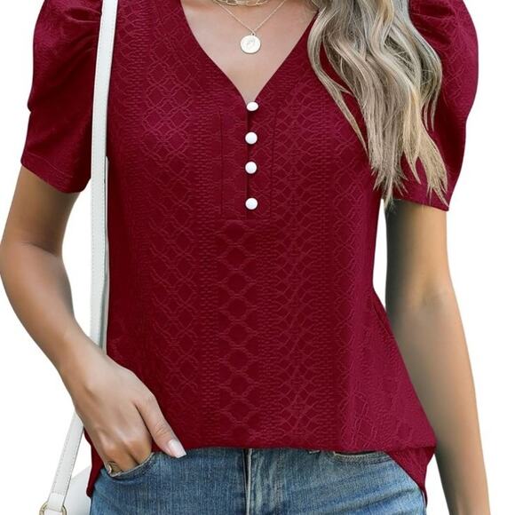Tops - LOMON Womens Puff Short Sleeve Shirt Summer Tops V Neck Casual T Shirts Loose